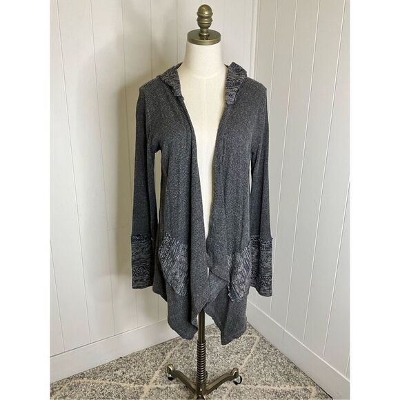 Oddy Women's M/L Grey Knit Open Front Hooded Cardigan Sweater Pockets Comfy - Picture 1 of 14